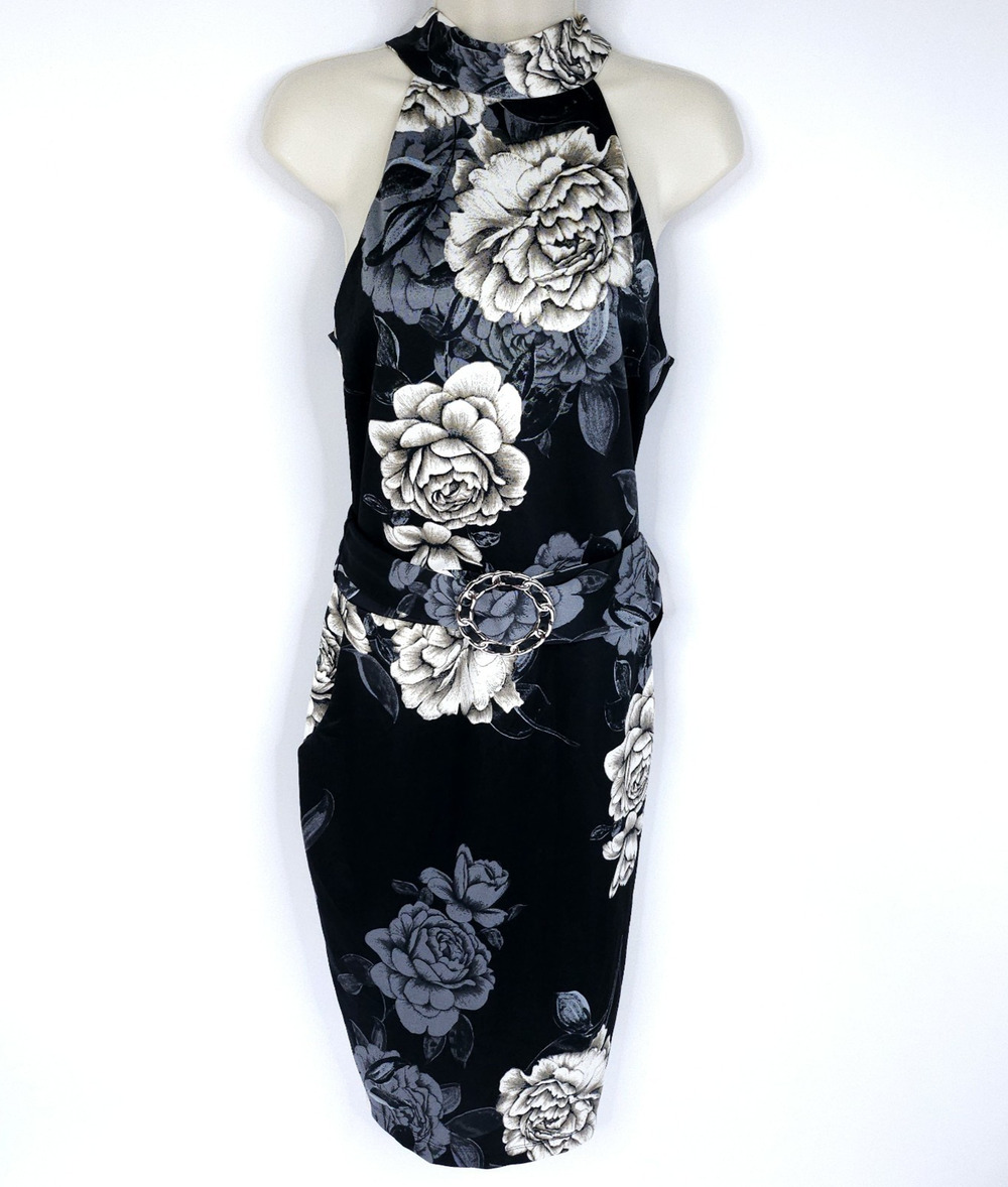 Venus Womens Black Floral Bodycon Dress L Mock Neck Tie Sleeveless Belted
